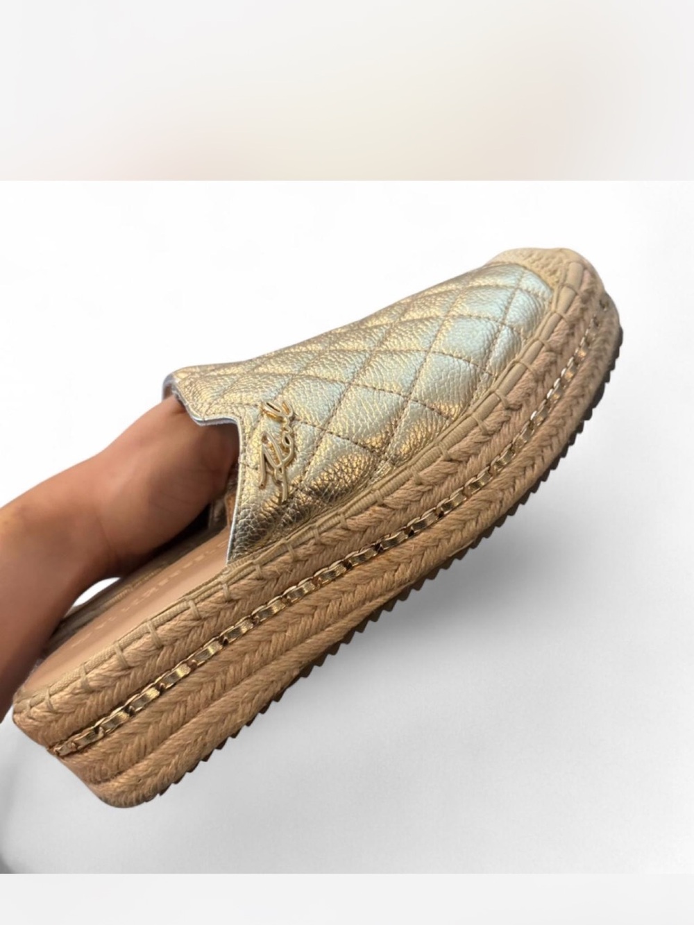 Karl Lagerfeld Metallic Quilted Espadrille Mule - Gold
